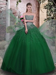 Dark Green Tulle Lace Up Quinceanera Dresses Sleeveless Floor Length Beading