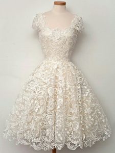 Adorable Cap Sleeves Lace Knee Length Lace Up Dama Dress for Quinceanera in Champagne with Lace