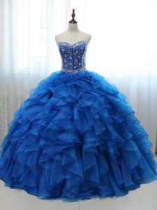 Stunning Royal Blue Organza and Tulle Lace Up Quinceanera Dress Sleeveless Floor Length Beading and Ruffles