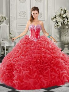New Arrival Sleeveless Court Train Beading and Ruffles Lace Up Quinceanera Dresses