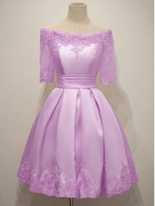 Half Sleeves Knee Length Lace Lace Up Court Dresses for Sweet 16 with Lilac
