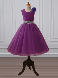 Sleeveless Tulle Tea Length Zipper Girls Pageant Dresses in Purple with Beading and Hand Made Flower