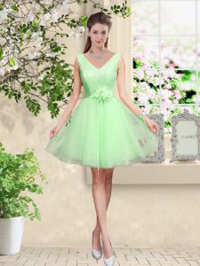 Tulle V-neck Sleeveless Lace Up Lace and Belt Vestidos de Damas in