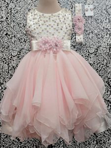 Stylish Baby Pink Empire Scoop Sleeveless Chiffon Asymmetrical Backless Beading and Hand Made Flower Kids Formal Wear