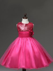 Tulle Sleeveless Knee Length Child Pageant Dress and Sequins and Hand Made Flower