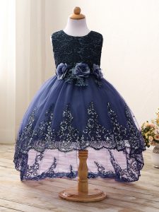 New Style Scoop Sleeveless Tulle Little Girls Pageant Gowns Lace and Appliques and Bowknot and Hand Made Flower Zipper