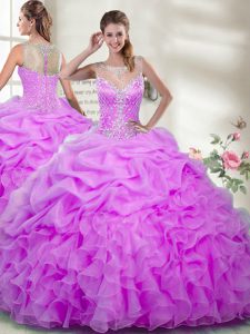 Lilac Zipper Scoop Beading and Ruffles Quinceanera Gown Organza Sleeveless