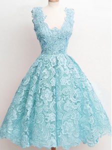 Romantic Sleeveless Zipper Knee Length Lace Dama Dress for Quinceanera