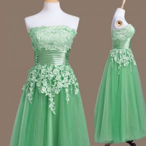 Flare Tea Length Green Damas Dress Strapless Sleeveless Lace Up