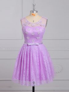 Lilac Sleeveless Mini Length Appliques and Belt Lace Up Quinceanera Dama Dress