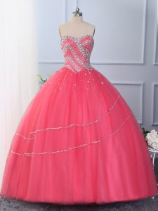 Vintage Hot Pink Sleeveless Floor Length Beading Lace Up Ball Gown Prom Dress
