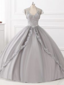 Grey Tulle Lace Up Vestidos de Quinceanera Sleeveless Floor Length Beading and Appliques