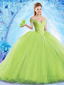 Designer Yellow Green Ball Gowns Off The Shoulder Sleeveless Organza Brush Train Lace Up Beading Quinceanera Dress