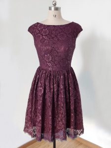 Latest Empire Dama Dress for Quinceanera Dark Purple Scoop Lace Cap Sleeves Knee Length Lace Up