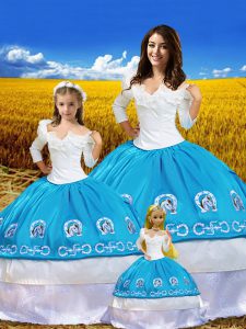 Custom Made Taffeta Off The Shoulder 3 4 Length Sleeve Lace Up Embroidery Vestidos de Quinceanera in Blue And White