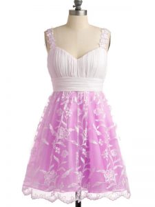 Lilac Lace Lace Up Straps Sleeveless Knee Length Dama Dress for Quinceanera Lace