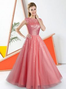 Watermelon Red A-line Bateau Sleeveless Tulle Floor Length Backless Beading and Lace Dama Dress for Quinceanera