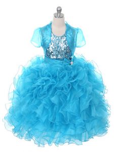 Custom Made Ball Gowns Girls Pageant Dresses Baby Blue Scoop Organza Sleeveless Floor Length Lace Up