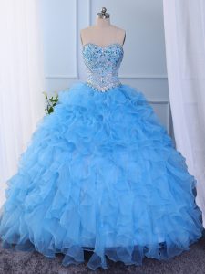 Simple Sweetheart Sleeveless Ball Gown Prom Dress Floor Length Beading and Embroidery and Ruffled Layers Baby Blue Organza