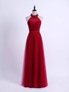 Perfect Sleeveless Floor Length Lace and Appliques Lace Up Dama Dress with Wine Red