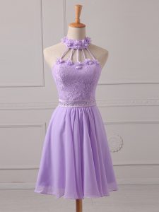Lavender Quinceanera Court Dresses Prom and Party and Wedding Party with Lace and Appliques Halter Top Sleeveless Lace Up