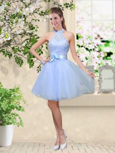 Flirting Halter Top Sleeveless Quinceanera Dama Dress Knee Length Lace and Belt Lavender Tulle