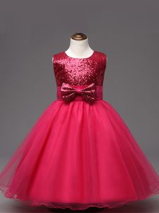 Hot Pink Zipper Kids Pageant Dress Sequins and Bowknot Sleeveless Tea Length