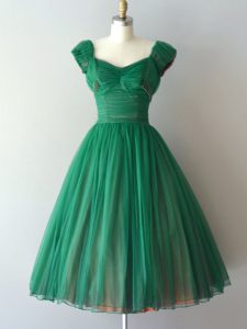 Green V-neck Neckline Ruching Quinceanera Dama Dress Cap Sleeves Lace Up