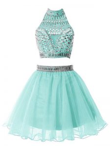 Stunning Light Blue A-line Beading Dama Dress for Quinceanera Zipper Organza Sleeveless Knee Length