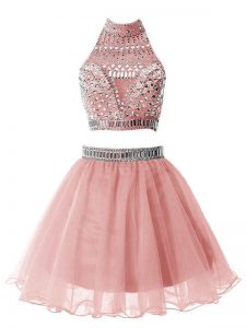 Decent Pink High-neck Neckline Beading Quinceanera Court Dresses Sleeveless Zipper