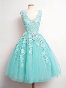 Tulle V-neck Sleeveless Lace Up Lace Quinceanera Dama Dress in Aqua Blue