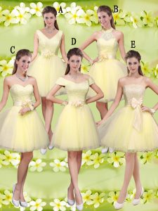 Light Yellow Sleeveless Lace and Belt Knee Length Quinceanera Dama Dress