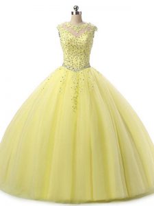 Yellow Lace Up Vestidos de Quinceanera Beading and Lace Sleeveless Floor Length