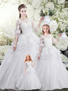 Most Popular Scoop Half Sleeves Quinceanera Dresses Sweep Train Lace and Ruffles White Tulle