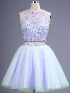 Delicate Lavender Quinceanera Court of Honor Dress Prom and Party and Wedding Party with Beading Scoop Sleeveless Lace Up