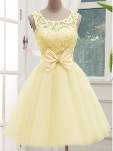 Lace and Bowknot Court Dresses for Sweet 16 Light Yellow Lace Up Sleeveless Knee Length