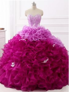 Multi-color Sleeveless Organza Brush Train Lace Up 15th Birthday Dress for Military Ball and Sweet 16 and Quinceanera