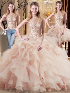 Suitable Brush Train Three Pieces 15th Birthday Dress Peach Scoop Tulle Sleeveless Lace Up