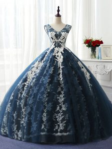 Scoop Sleeveless Quinceanera Gown Floor Length Ruffles and Pattern Navy Blue Organza and Taffeta and Chiffon and Tulle