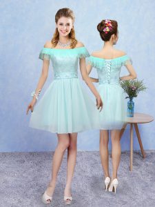 Popular Aqua Blue Cap Sleeves Mini Length Lace Lace Up Quinceanera Dama Dress