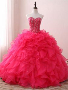 Customized Hot Pink Sleeveless Beading and Ruffles Floor Length Quinceanera Dress