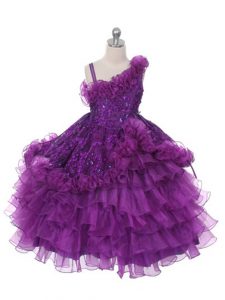Asymmetric Sleeveless Organza Child Pageant Dress Lace and Ruffles and Ruffled Layers Lace Up