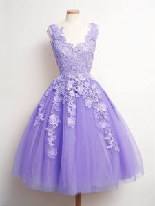 Lavender A-line V-neck Sleeveless Tulle Knee Length Lace Up Lace Damas Dress