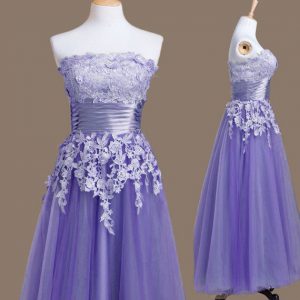 Strapless Sleeveless Lace Up Quinceanera Dama Dress Lavender Tulle