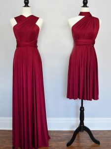 Traditional Halter Top Sleeveless Lace Up Dama Dress for Quinceanera Burgundy Chiffon