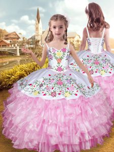 Fashionable Rose Pink Pageant Gowns For Girls Party and Wedding Party with Embroidery and Ruffled Layers Straps Sleeveless Lace Up