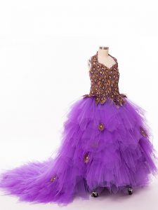 Ball Gowns Sleeveless Eggplant Purple Little Girls Pageant Gowns Court Train Lace Up