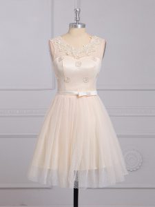 Lace Sleeveless Mini Length Quinceanera Court of Honor Dress and Appliques and Belt