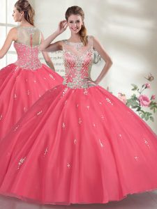 Designer Hot Pink Ball Gowns Organza Scoop Sleeveless Beading Floor Length Zipper Sweet 16 Dress