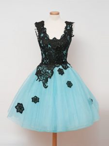 Noble Aqua Blue Sleeveless Knee Length Lace Zipper Dama Dress for Quinceanera